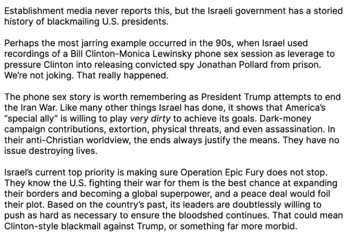 Newsletter: Is Israel blackmailing Trump? Israel “has a storied history of blackmailing U.S. presidents”. People See Netanyahu mocks Jesus; “Americans Need to Turn to God. Jesus, You are the USA’s God. The USA follows You. Amen.” Said Steven Andrew